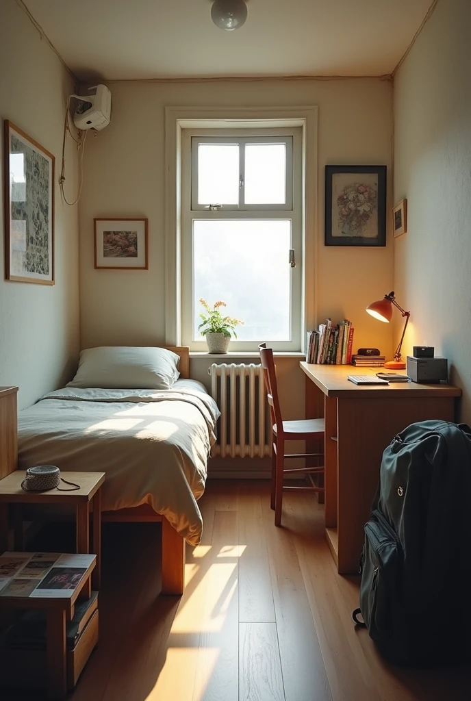a dark and not well condition and A modest 25 square foot room designed for students in a PG accommodation. The room features a single bed with simple bedding, placed against one wall, and a small wooden chair near a compact study desk. The walls are plain, with a small window allowing limited natural light to filter in. The room is functional, with minimal decor, reflecting a basic yet comfortable living space for students. A few personal items like books and a backpack are neatly arranged, adding a touch of character to the otherwise simple room