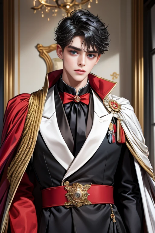 masterpiece, 最high quality, high quality, 1 boy, alone, Male focus, Upper Body,Watching the audience, Messy black hair, Adorable big blue eyes, White, Noble, Noble,A black and red cape that is bursting with sexy volume、Tuxedo、A very voluminous, large, very large, very large, long, long red and black cape with a high stand-up collar, made of a lot of fabric that reaches down to the floor., ,cute beautiful,Cute, cute, kind, handsome guy