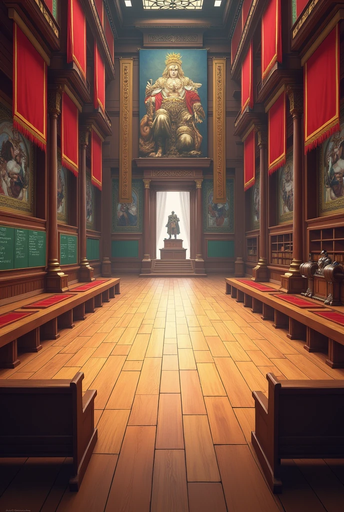 A large hall decorated with colorful cloth flags and paintings of warriors and magicians in the past. At the far end of the hall, there is a counter separating the doors on the left and right. There are boards on the left and right walls. There are two long chairs. There is a long table and several long chairs on the left, set up like a classroom. In the middle of the hall is a walkway, all made of wood. There are no humans in the picture.