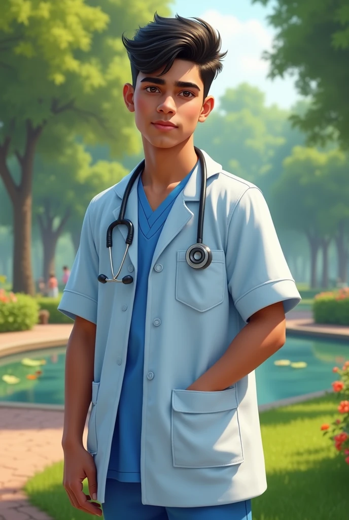 17year old Indian boy handsome wearing doctor dress posing for park in background