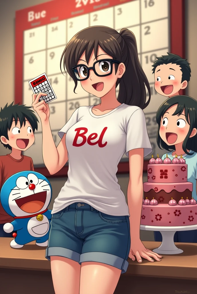 a 32 year old slightly chubby girl long wavey ponetailed hair wearing t-shirt with name "Bel" and denim short and black eyeglasses holding a bingo card in her right hand and a big calendar with X in background, and has a 3 tier Cake in her back because it's her birthday, her son and doraemon is laughing in her side