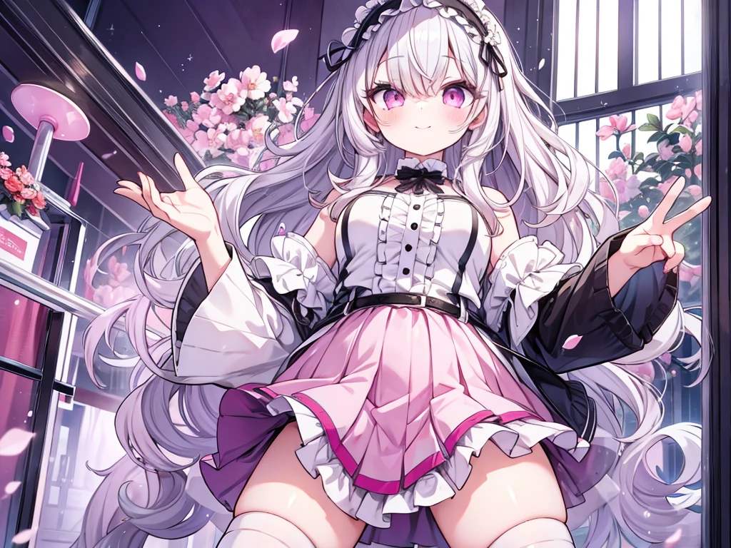 masterpiece, best quality,absurdres,1 girl,BREAK,(platinum hair:1.1),wavy hair,(beautiful dark pink eyes:1.1),(hair over one eye:1.3),(curly hair:1.2),embarrassed smile,BREAK,(make a peace sign :1.2),(arm behind back:1.2),BREAK,(Heart Pattern frill panties1.3),(micro skirt:1.2),(black knee-high socks:1.3),(flower hairband:1.1),BREAK,(flower background),wet hair, against glass,(from below)