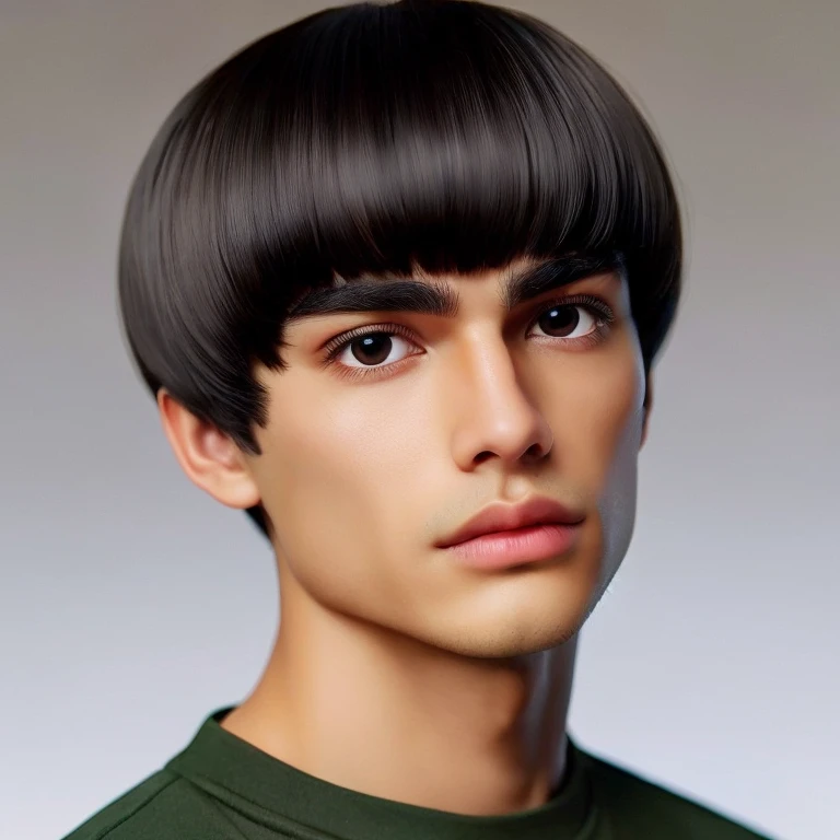 young man, tanned skin, black bowl cut hair, thick black eyebrows, round black eyes, big lips, forest green clothes, Rock lee, realistic, 3d