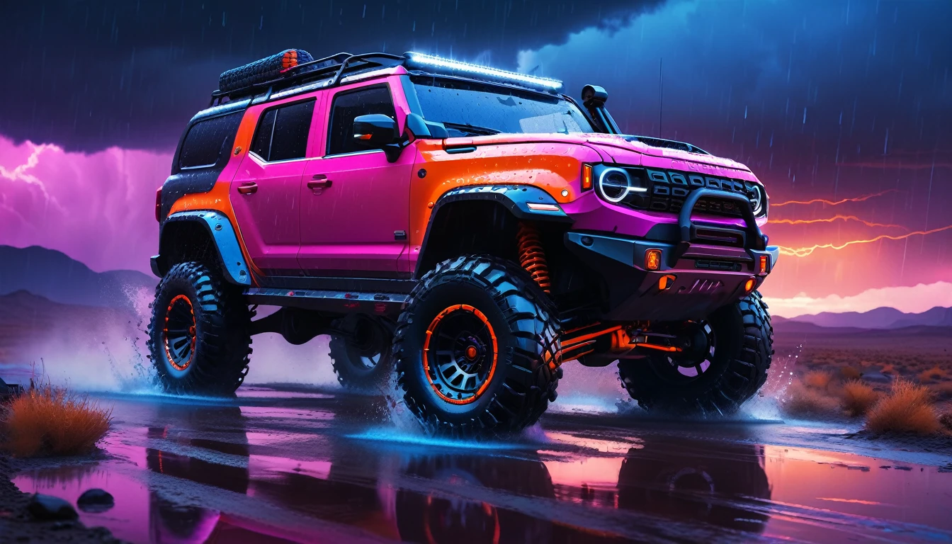 Digital artwork featuring a rugged off-road vehicle driving at high speed on a wet, reflective surface. The vehicle is equipped with large, knobby tires, a reinforced bumper, and a roof-mounted light bar emitting bright blue light. The headlights are square and emit a vivid orange glow. The scene is set against a dramatic, neon-lit background with vibrant pink and purple hues, creating a futuristic and intense atmosphere. The sky is filled with dark, ominous clouds, adding to the sense of motion and excitement. The overall style is highly detailed and dynamic, with a strong emphasis on lighting and reflections.