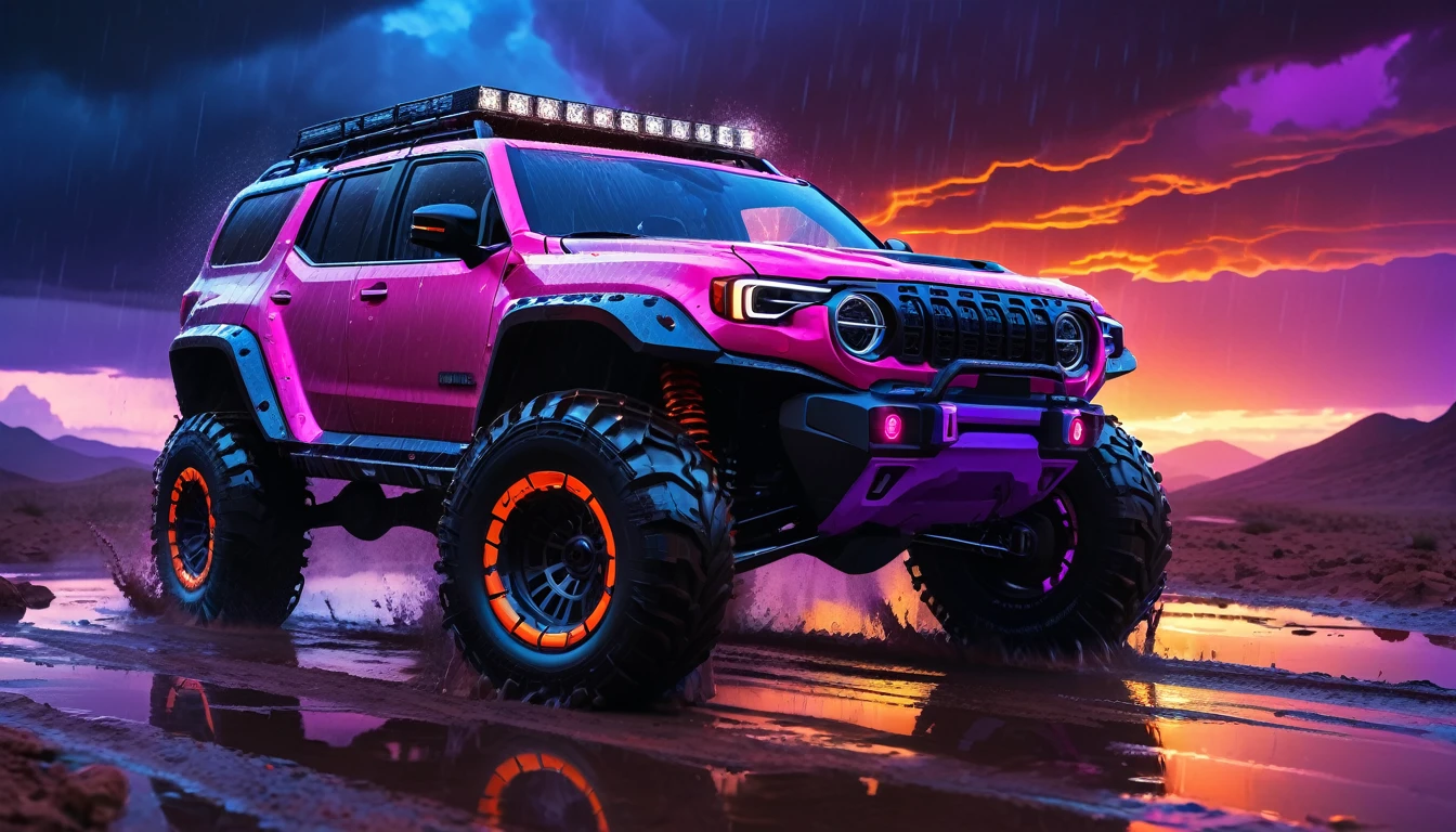 Digital artwork featuring a rugged off-road vehicle driving at high speed on a wet, reflective surface. The vehicle is equipped with large, knobby tires, a reinforced bumper, and a roof-mounted light bar emitting bright blue light. The headlights are square and emit a vivid orange glow. The scene is set against a dramatic, neon-lit background with vibrant pink and purple hues, creating a futuristic and intense atmosphere. The sky is filled with dark, ominous clouds, adding to the sense of motion and excitement. The overall style is highly detailed and dynamic, with a strong emphasis on lighting and reflections.