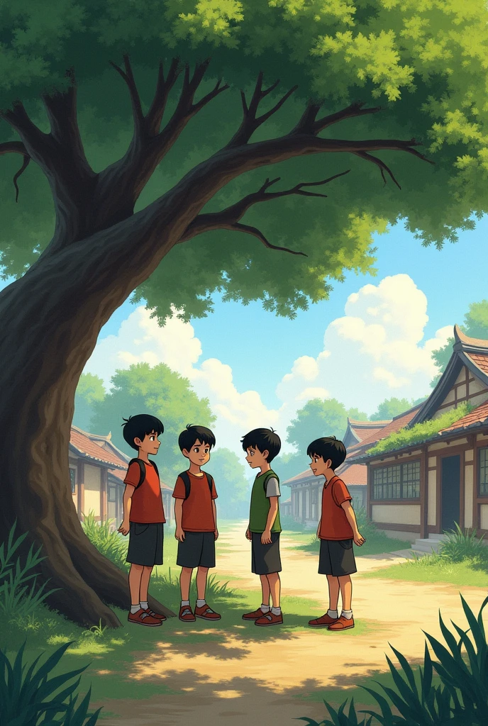 Four boys in the village under the tree
Talking