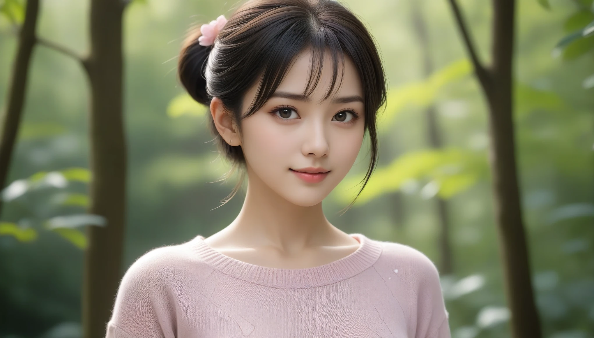 8k, Ultra-high resolution, Highest quality, masterpiece, 三分割法によるphotograph,Surreal, photograph, 1 , (:1.3), cute, cute顔, 細部までBeautiful Eyes, 細かくdetailedに,masterpiece,One Girl:1.2,Japanese women,Young Wife,cowboy shot,smile,Black Short hair,Messy bun hair,(Summer knitted sweater:1.3),Pencil Skirt,Background of a mixed forest,woman leaning on a tree,Soft sunlight,(Beautiful attention to detail),Subtle details, detailedな顔, smile,attractive,(のポートレートphotograph:1.4),(Photorealistic images:1.4),Fantasy art,(Beautiful Face:1.4),美しくattractive目、Beautiful Eyes、(Tight waist:1.4)、(Beautiful with perfect body proportions:1.4),Pink Lips,Looking at the audience,(((Ideal body type))),A-cup small breasts :2,、Portraiture:2、Perfect Anatomy、鮮明なdetailed、detailed,Fashion magazine cover,Thin lips,完璧でBeautiful Face ,完璧でcute顔, Skin with attention to detail, Perfect limbs、Narrow waist,Surreal,Light and shadow,dappled sunlight