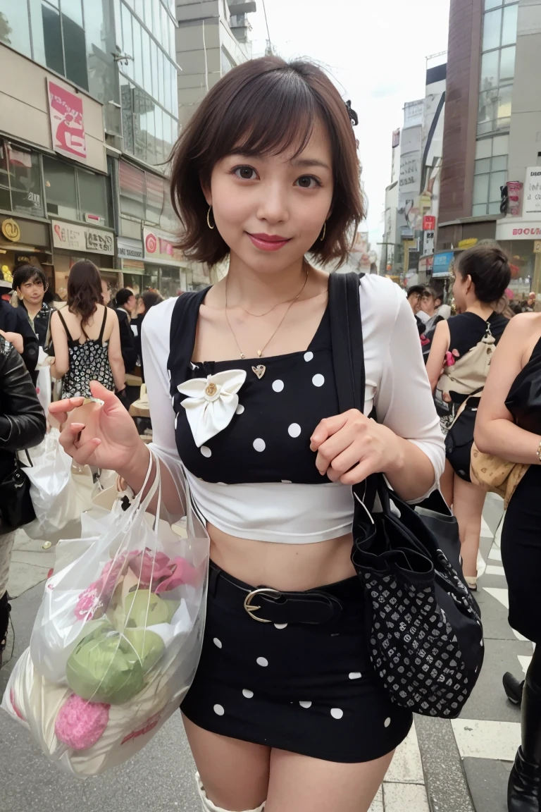 high resolution、high quality、High resolution、masterpiece、detailed、looking at the camera、Japanese、Beautiful 32 year old woman、Cute smile、(light brown long curly hair:1.3)、(Skinny body:1.5)、(Small breasts:1.3)、(Wearing a black polka dot micro bikini:1.5)、(mini skirt)、(She is carrying a shoulder bag and a shopping bag on her shoulder.:1.5)、(Wearing cute hair ornaments, earrings, necklaces, belts, and knee-high boots:1.3)、(In the heart of Shibuya's bustling district:1.5)、(There are lots of beautiful women:1.3)