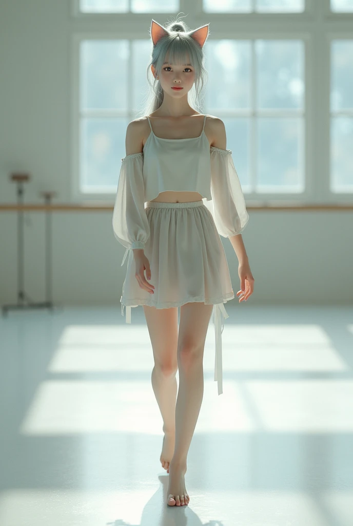 A beautiful silver-haired Japanese woman、Long hair tied back in a ponytail。She has cat ears、She is wearing a skirt and light, cool clothing.。Barefoot、He walks like a baby, imitating the way a cat walks.、In the background is a large dance studio.。Her nails are a little long、With pink manicure、The composition is from the front and the whole body is the subject。It features realistic textures and high-resolution expression through 3D rendering.。The overall image has a cool feel and attention to detail.。