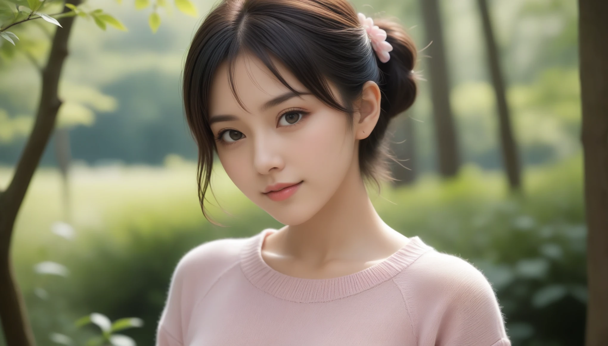 8k, Ultra-high resolution, Highest quality, masterpiece, 三分割法によるphotograph,Surreal, photograph, 1 , (:1.3), cute, cute顔, 細部までBeautiful Eyes, 細かくdetailedに,masterpiece,One Girl:1.2,Japanese women,Young Wife,cowboy shot,smile,Black Short hair,Messy bun hair,(Summer knitted sweater:1.3),Pencil Skirt,Background of a mixed forest,woman leaning on a tree,Soft sunlight,(Beautiful attention to detail),Subtle details, detailedな顔, smile,attractive,(のポートレートphotograph:1.4),(Photorealistic images:1.4),Fantasy art,(Beautiful Face:1.4),美しくattractive目、Beautiful Eyes、(Tight waist:1.4)、(Beautiful with perfect body proportions:1.4),Pink Lips,Looking at the audience,(((Ideal body type))),A-cup small breasts :2,、Portraiture:2、Perfect Anatomy、鮮明なdetailed、detailed,Fashion magazine cover,Thin lips,完璧でBeautiful Face ,完璧でcute顔, Skin with attention to detail, Perfect limbs、Narrow waist,Surreal,Light and shadow,dappled sunlight