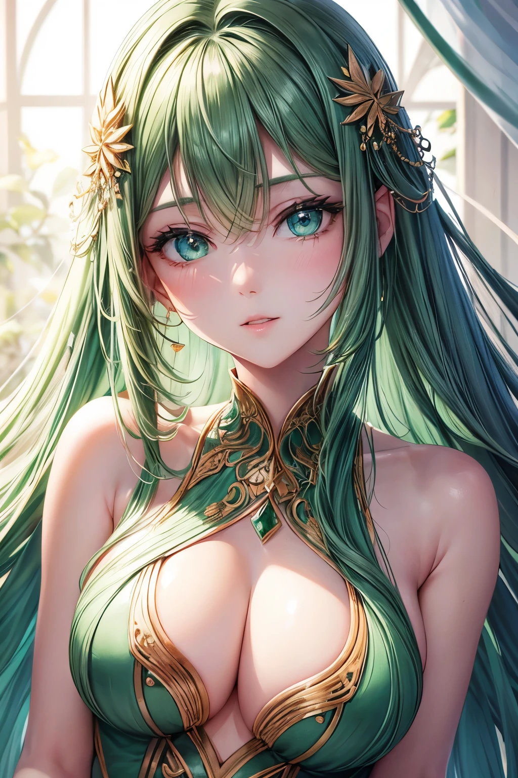beautiful臉, best quality, Ultra-high resolution light, radiant skin, delicate skin, Detailed face, exquisite eyes, beautiful, Green hair, Straight Hair, flowing hair, Green eyes
