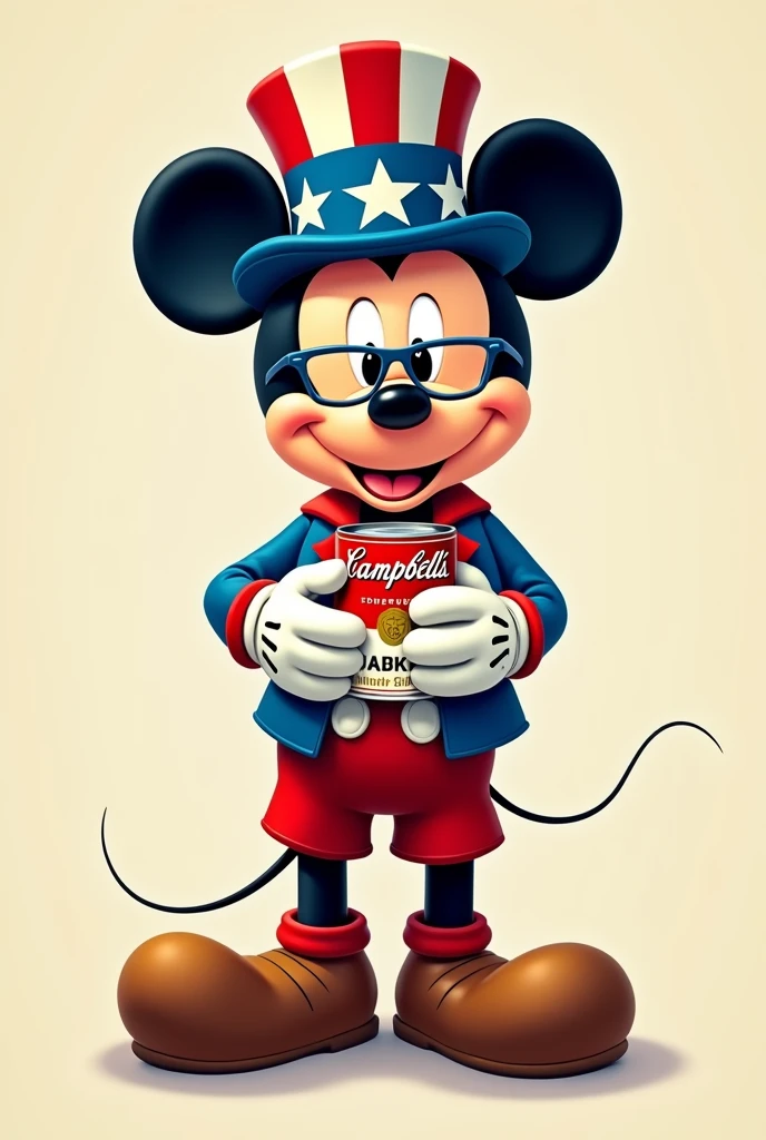 Mickey mouse wearing a blue and red American patriotic hat, holding a can of campbell soup, wearing louis vuitton brand glasses, all in 2D