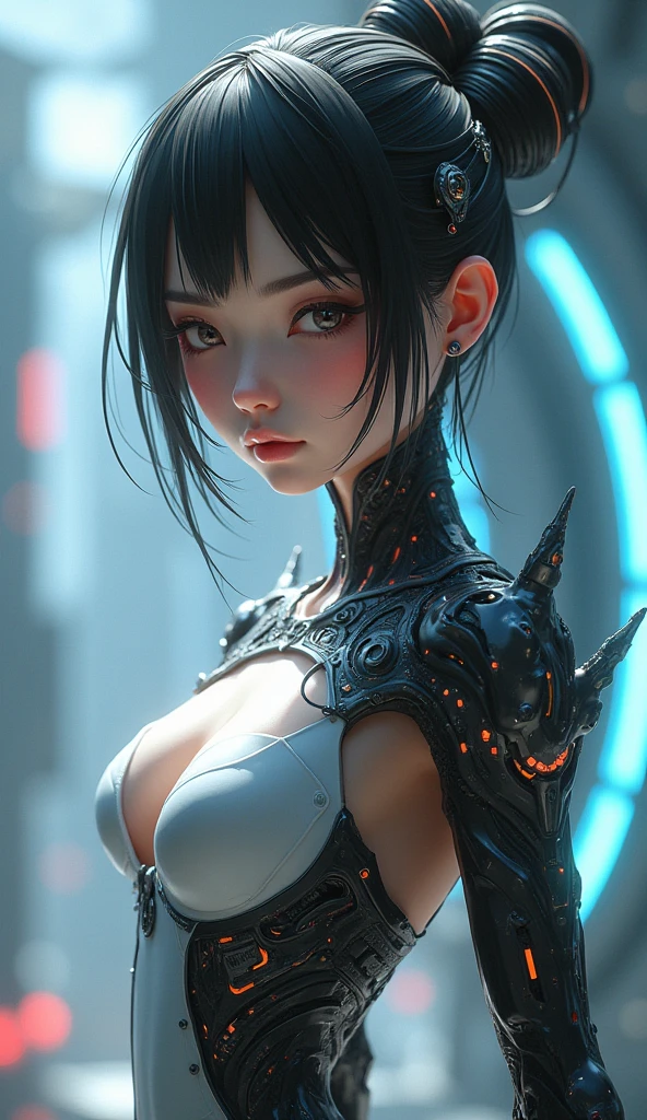 ((Best Quality)), ((Masterpiece), (Details: 1.4), 3D, A Beautiful Cyberpunk Female Figure, Delicate Facial Features, Perfect Face, Huge Breasts, Indoor Environment, Lying in Bed, HDR (High Dynamic Range), Ray Tracing, NVIDIA RTX, Super-Resolution, Unreal 5, Subsurface Scattering, PBR Texture, Post Processing, Anisotropic Filtering, Depth of Field, Maximum Sharpness and Clarity, Multi-layered Texture, Albedo and specular mapping, surface shading, accurate simulation of light-material interactions, perfect proportions, Octane Render, two-color light, large aperture, low ISO, white balance, rule of thirds, 8K RAW,