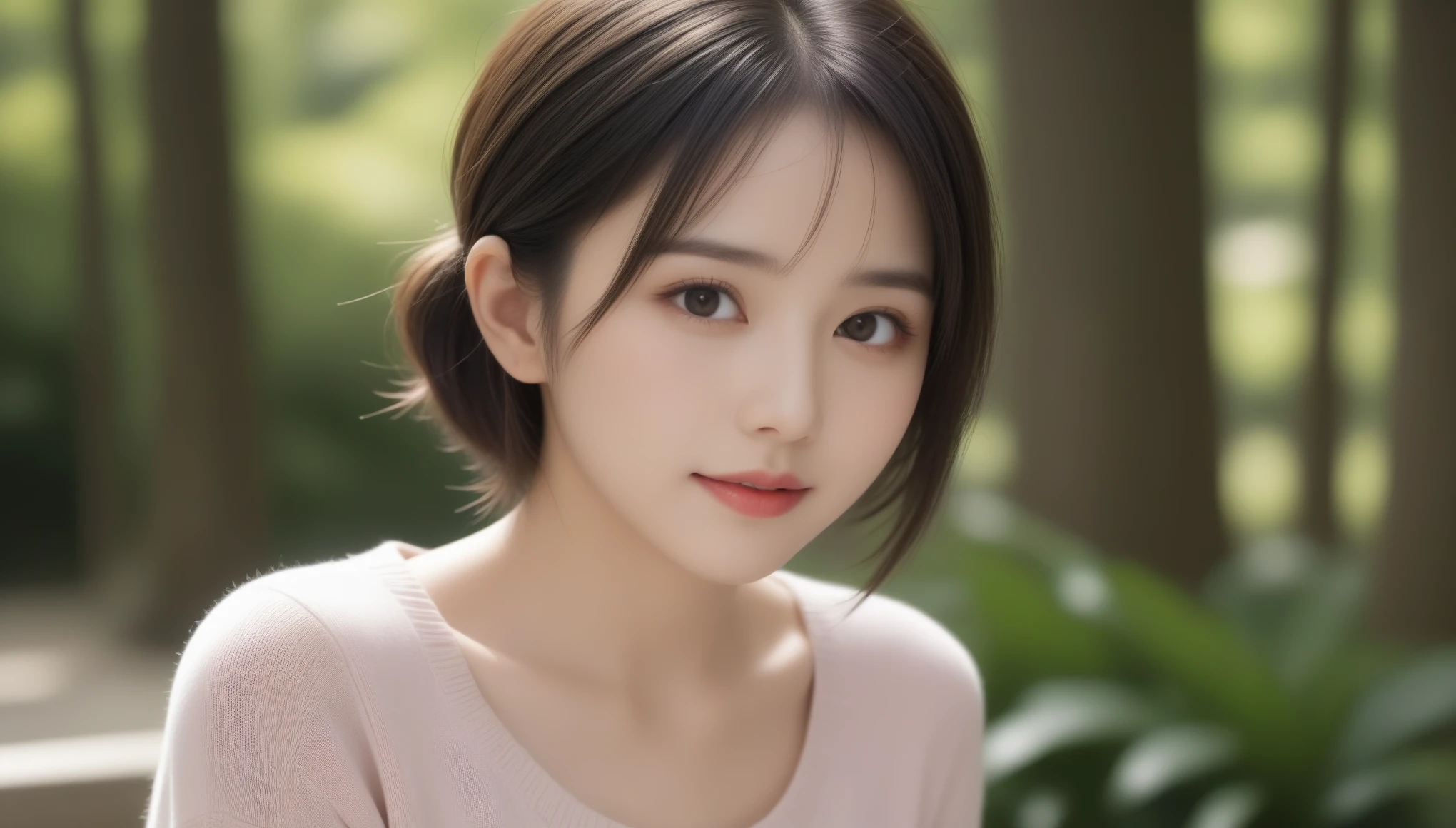 8k, Ultra-high resolution, Highest quality, masterpiece, 三分割法によるphotograph,Surreal, photograph, 1 , (:1.3), cute, cute顔, 細部までBeautiful Eyes, 細かくdetailedに,masterpiece,One Girl:1.2,Japanese women,Young Wife,cowboy shot,smile,Black Short hair,Messy bun hair,(Summer knitted sweater:1.3),Pencil Skirt,Background of a mixed forest,woman leaning on a tree,Soft sunlight,(Beautiful attention to detail),Subtle details, detailedな顔, smile,attractive,(のポートレートphotograph:1.4),(Photorealistic images:1.4),Fantasy art,(Beautiful Face:1.4),美しくattractive目、Beautiful Eyes、(Tight waist:1.4)、(Beautiful with perfect body proportions:1.4),Pink Lips,Looking at the audience,(((Ideal body type))),A-cup small breasts :2,、Portraiture:2、Perfect Anatomy、鮮明なdetailed、detailed,Fashion magazine cover,Thin lips,完璧でBeautiful Face ,完璧でcute顔, Skin with attention to detail, Perfect limbs、Narrow waist,Surreal,Light and shadow,dappled sunlight