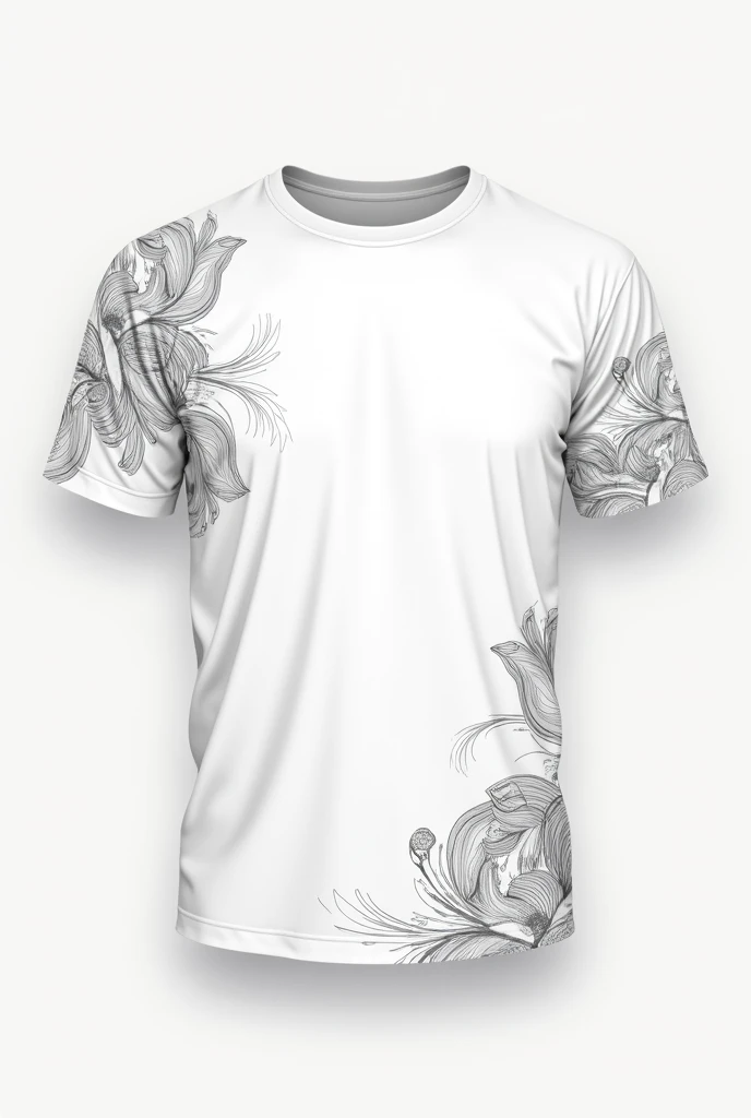 make a white tshirt with some unique designs patterns the dominant color should be white with at least 70% make it flat like a template