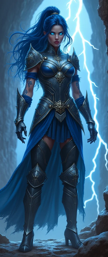 Aletta Ocean, angry evil beautiful and muscular, Nordic female, towering storm Giantess with blue black hair in a ponytail, older and mature woman, throwing a lightning ball, celtic glowing tattoos, wearing nordic steel runic plate mail Armour , temple cave background with lightning storm, glowing blue eyes, square jaw, powerful and imposing, winter clothing, pale blue purple skin, ((full plate celtic dragon armour)), nordic tattoos, fit bodybuilder, facing the camera , ultra detailed