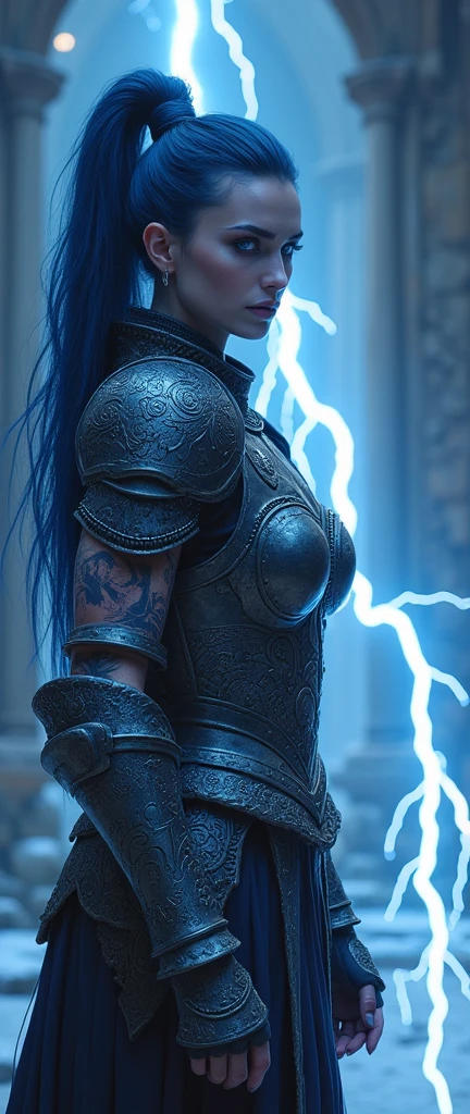 Aletta Ocean, angry evil beautiful and muscular, Nordic female, towering storm Giantess with blue black hair in a ponytail, older and mature woman, throwing a lightning ball, celtic glowing tattoos, wearing nordic steel runic plate mail Armour , temple cave background with lightning storm, glowing blue eyes, square jaw, powerful and imposing, winter clothing, pale blue purple skin, ((full plate celtic dragon armour)), nordic tattoos, fit bodybuilder, facing the camera , ultra detailed