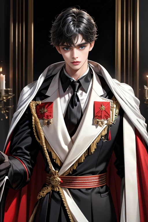 masterpiece, 最high quality, high quality, 1 boy, alone, Male focus, Upper Body,Watching the audience, Messy black hair, Adorable big blue eyes, White, Noble, Noble,A black and red cape that is bursting with sexy volume、Tuxedo、A very voluminous, large, very large, very large, long, long red and black cape with a high stand-up collar, made of a lot of fabric that reaches down to the floor., ,cute beautiful,Cute, cute, kind, handsome guy
