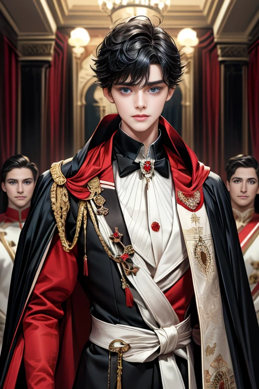 masterpiece, 最high quality, high quality, 1 boy, alone, Male focus, Upper Body,Watching the audience, Messy black hair, Adorable big blue eyes, White, Noble, Noble,A black and red cape that is bursting with sexy volume、Tuxedo、A very voluminous, large, very large, very large, long, long red and black cape with a high stand-up collar, made of a lot of fabric that reaches down to the floor., ,cute beautiful,Cute, cute, kind, handsome guy