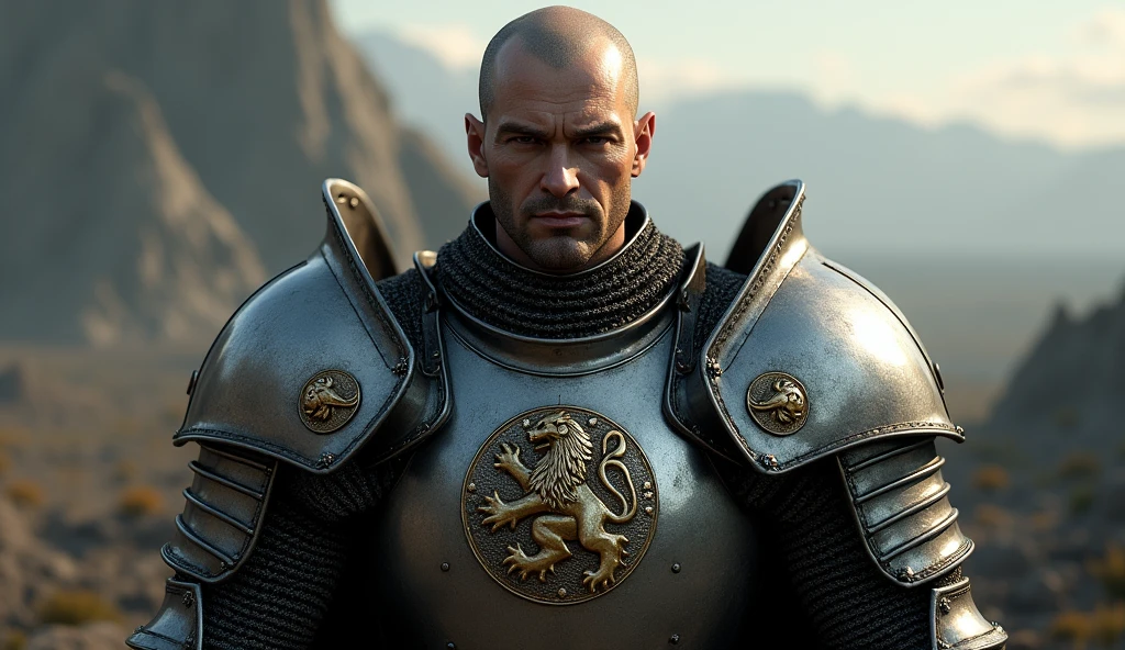 A highly realistic, high-contrast, 8K HD, detailed, hyper-detailed image of Tadakoro, a medieval knight with a shaved head, standing and facing directly forward. Tadakoro is clad in steel armor, with the exact lion emblem from the provided image prominently displayed on his chest. The scene is set against a dramatic backdrop, either a battlefield or a stark landscape, with lighting that emphasizes the contours and details of his armor. Tadakoro's expression is intense and resolute, his eyes reflecting strength and determination as he looks straight ahead. The armor shines under the light, with the lion emblem clearly visible and standing out as a symbol of his courage. The image is of the highest quality, with ultra-high resolution, RAW photo quality, and Unreal Engine rendering, capturing the powerful and commanding presence of Tadakoro as he faces his destiny.