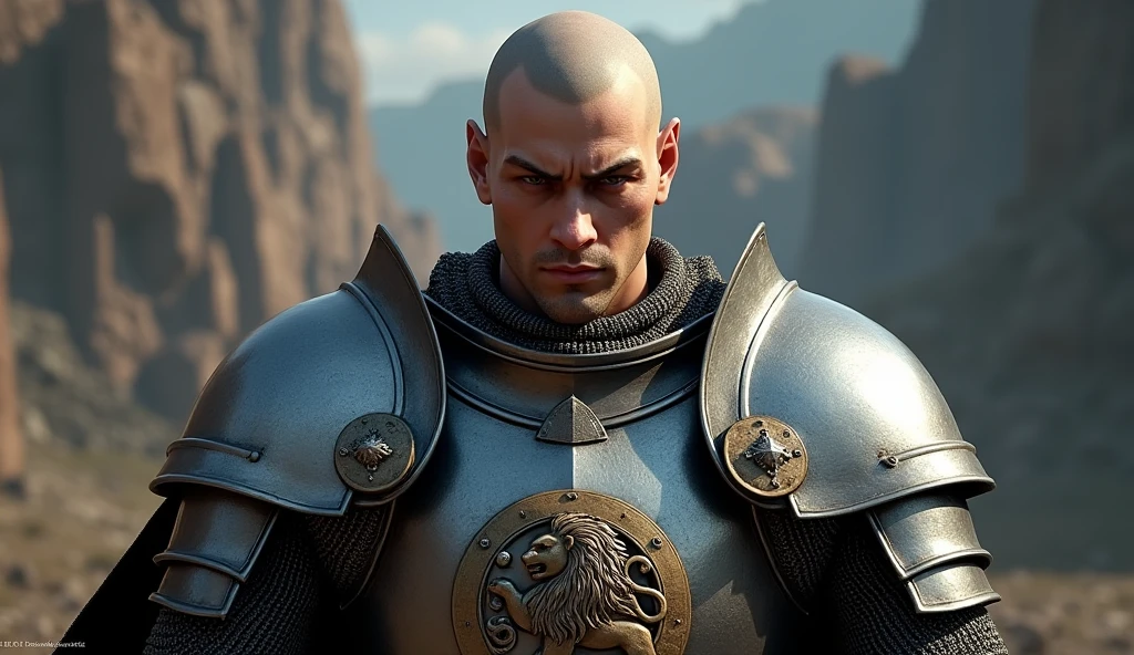 A highly realistic, high-contrast, 8K HD, detailed, hyper-detailed image of Tadakoro, a medieval knight with a shaved head, standing and facing directly forward. Tadakoro is clad in steel armor, with the exact lion emblem from the provided image prominently displayed on his chest. The scene is set against a dramatic backdrop, either a battlefield or a stark landscape, with lighting that emphasizes the contours and details of his armor. Tadakoro's expression is intense and resolute, his eyes reflecting strength and determination as he looks straight ahead. The armor shines under the light, with the lion emblem clearly visible and standing out as a symbol of his courage. The image is of the highest quality, with ultra-high resolution, RAW photo quality, and Unreal Engine rendering, capturing the powerful and commanding presence of Tadakoro as he faces his destiny.