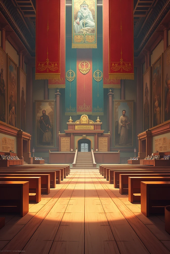 A large hall decorated with colorful cloth flags and paintings of warriors and magicians in the past. At the far end of the hall, there is a counter separating the doors on the left and right. There are boards on the left and right walls. There are two long chairs. There is a long table and several long chairs on the left, set up like a classroom. In the middle of the hall is a walkway, all made of wood. There are no humans in the picture.
