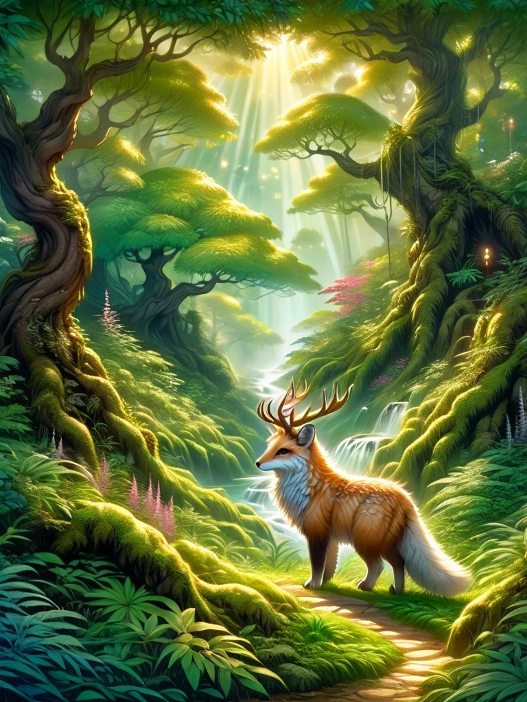 lush green forest, magical atmosphere, traditional Japanese painting techniques, vibrant colors, soft lighting, detailed fur, mystical presence, intricate patterns