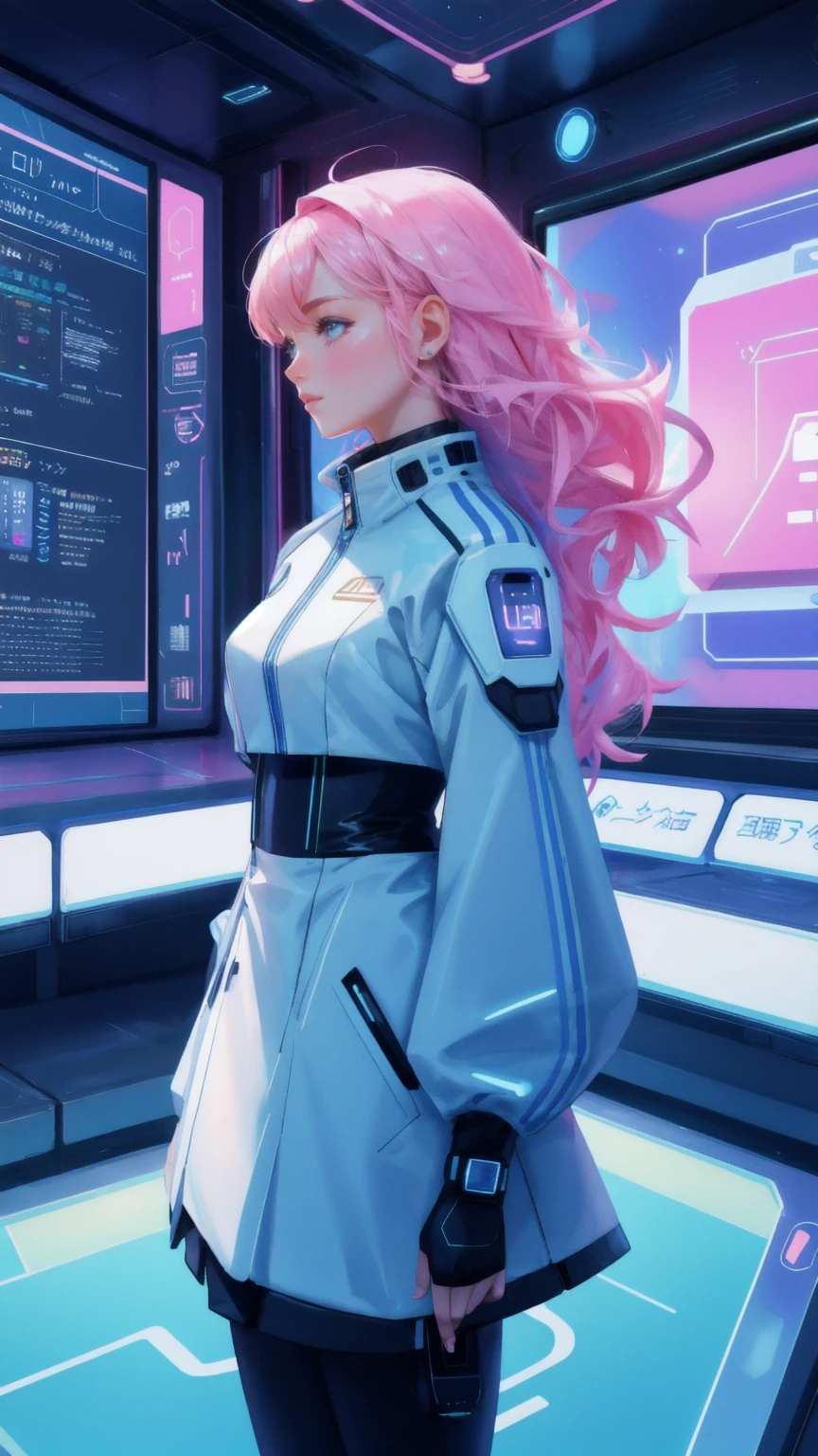 Generate a futuristic cruise deck scene on the 'Early Adopter's Cruiser,' where people of all ages are engaged in high-tech activities. Replace the characters with a beautiful girl in stylish futuristic attire, interacting with advanced technology. The background must be a vibrant blue, filled with holographic interfaces and digital screens. Surround the scene with a playful and tech-savvy atmosphere, featuring hints of spreading Bitcoins and digital assets in the air.