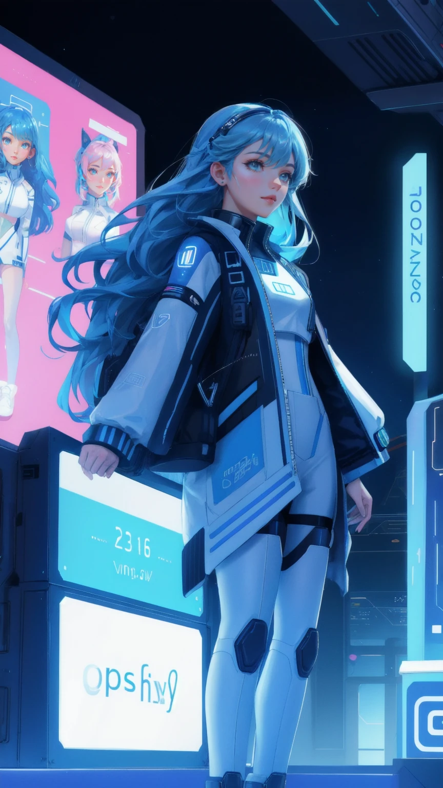 Generate a futuristic cruise deck scene on the 'Early Adopter's Cruiser,' where people of all ages are engaged in high-tech activities. Replace the characters with a beautiful girl in stylish futuristic attire, interacting with advanced technology. The background must be a vibrant blue, filled with holographic interfaces and digital screens. Surround the scene with a playful and tech-savvy atmosphere, featuring hints of spreading Bitcoins and digital assets in the air.