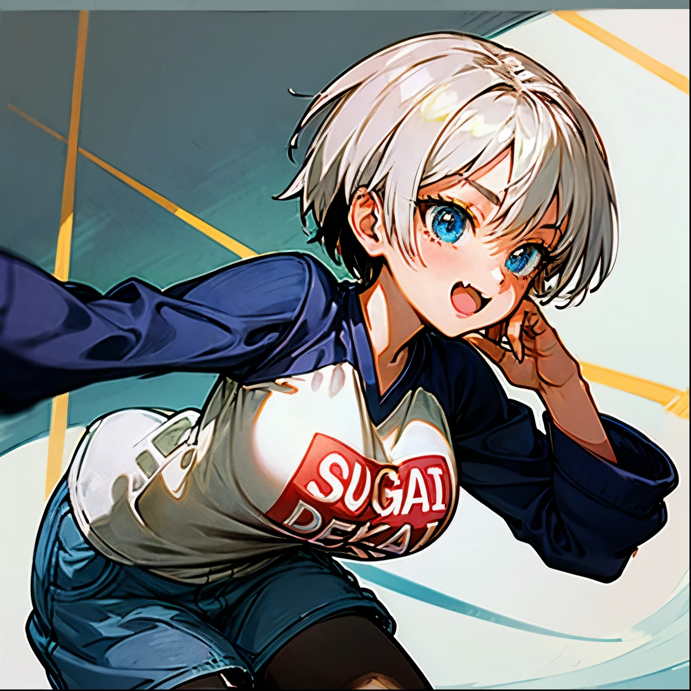 Long shot,ground shot, ground shot, front angle, beautiful girl, high quality, masterpiece,break, uh1, shirt, raglan sleeves, romaji text, clothes writing, long sleeves, denim shorts, pantyhose, fang, T-shirt,writting,T-shirt that says "Sugoi Dekai",beautiful girl's face, (very beautiful girl's face)