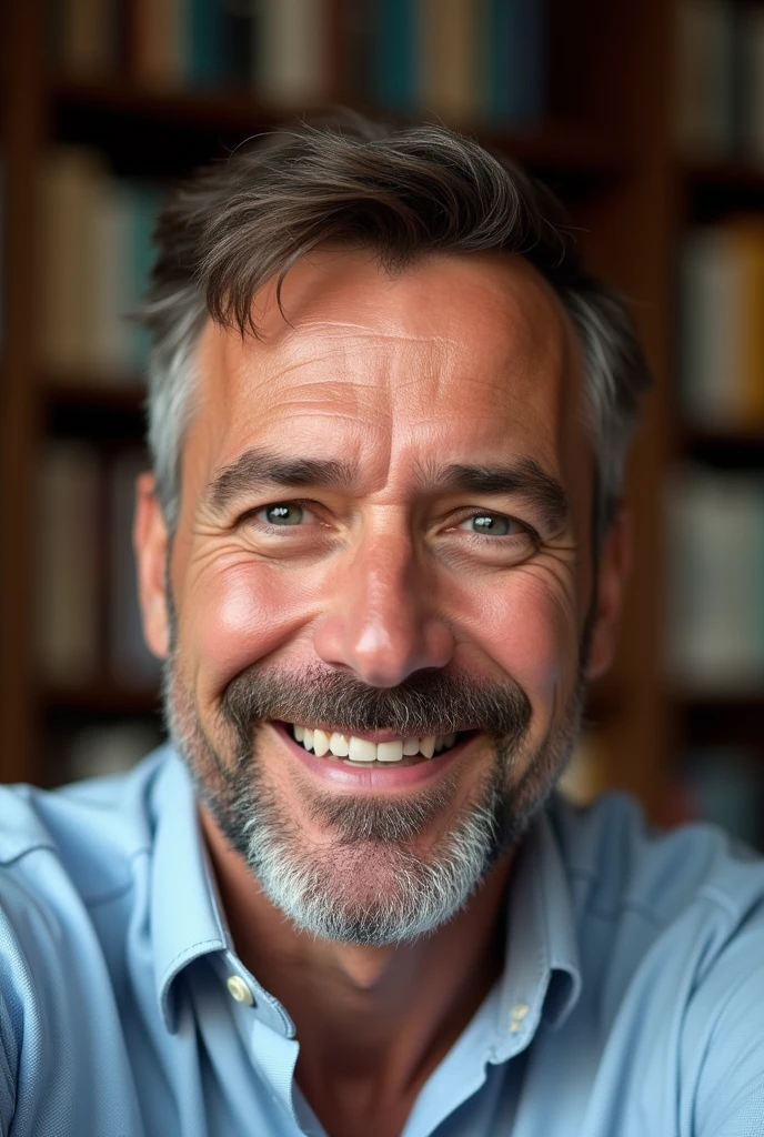 handsome man with mature face, unshaven beard, short cut hair, looking at selfie, slightly-smile , wearing a formal shirt. background image with some books on the shelf, with an expression of happiness and celebration on his face,
