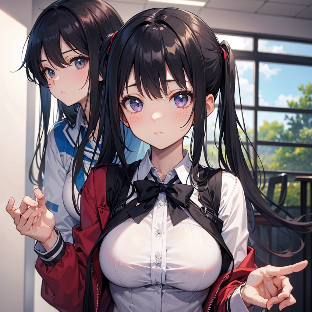 Black hair, half-up, tsundere, uniform, high school girl, big breasts
