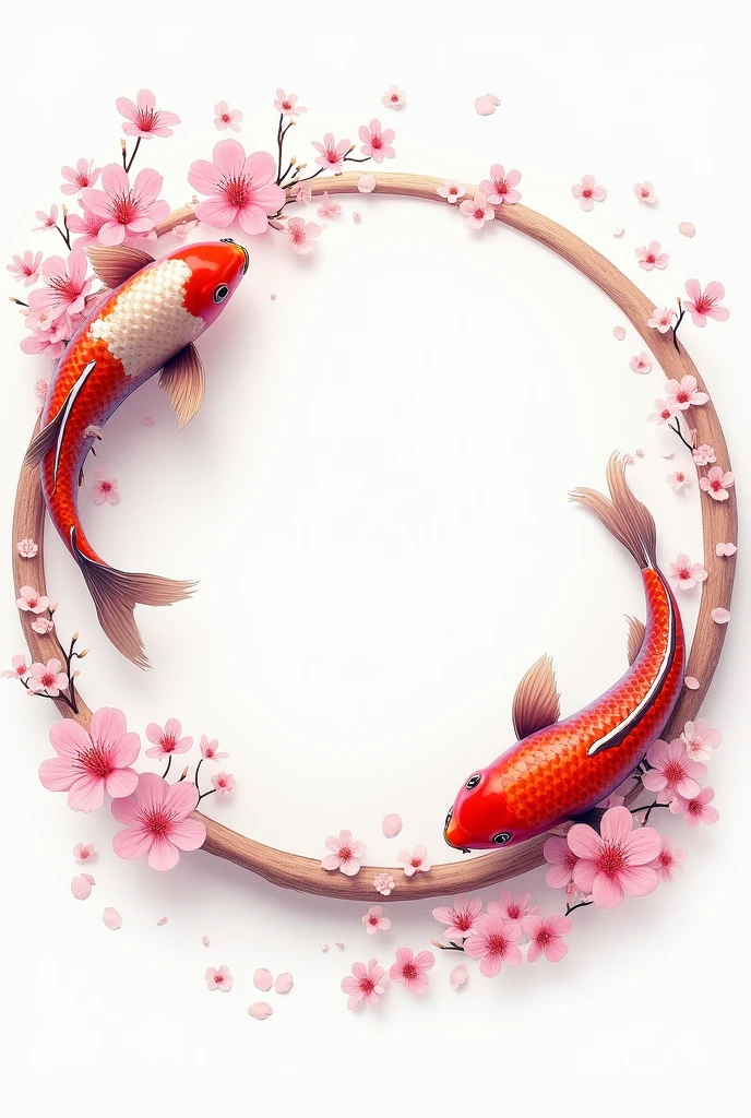 Generate a round label with a white background and surroundings, inside the label, contain cherry blossoms along with Japanese koi fish, the center must be blank