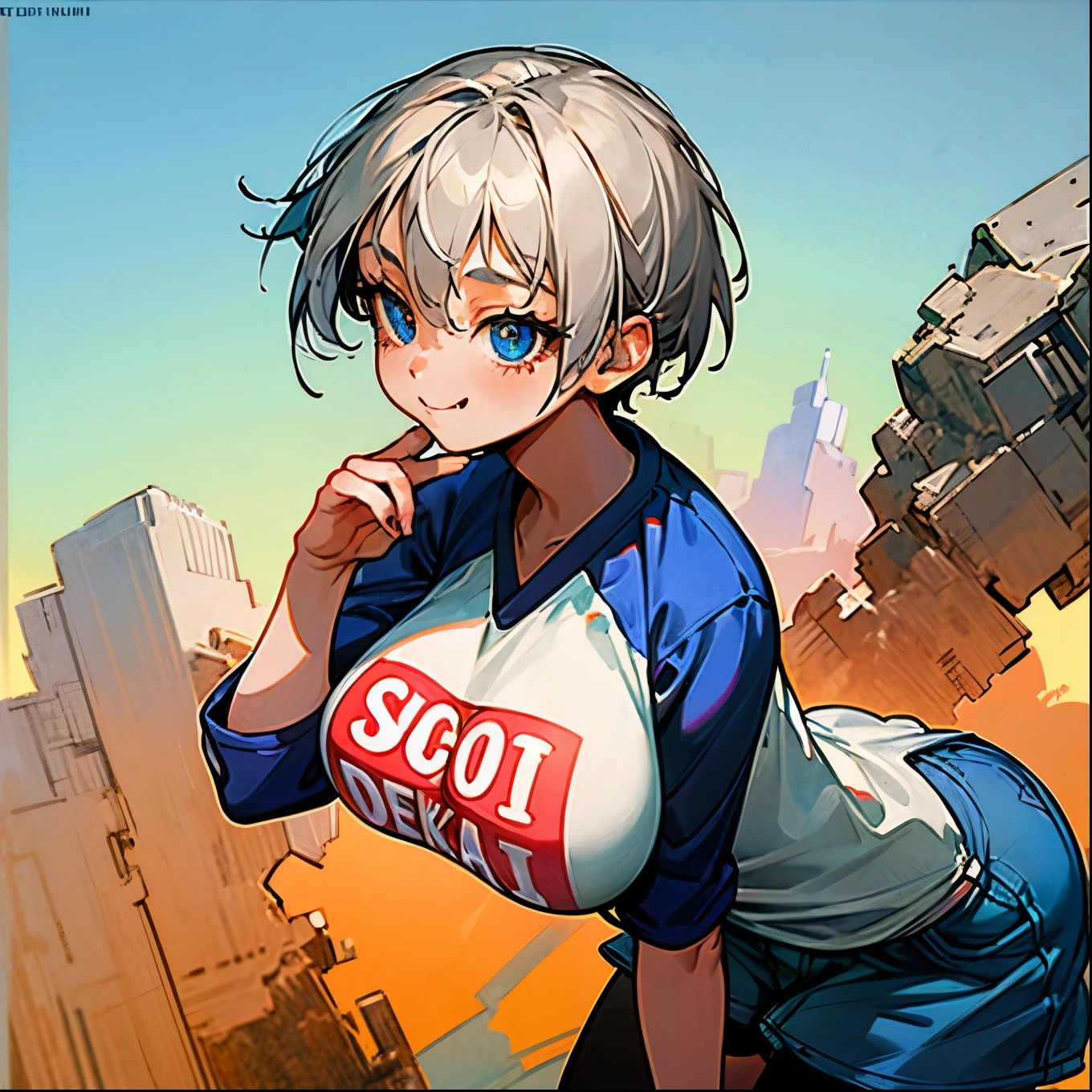 Long shot,ground shot, ground shot, front angle, beautiful girl, high quality, masterpiece,break, uh1, shirt, raglan sleeves, romaji text, clothes writing, long sleeves, denim shorts, pantyhose, fang, T-shirt,writting,T-shirt that says "Sugoi Dekai",beautiful girl's face, (very beautiful girl's face)