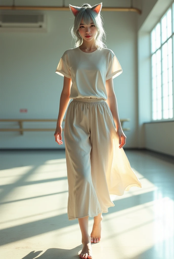 A beautiful silver-haired Japanese woman、Long hair tied back in a ponytail。She has cat ears、She is wearing a skirt and light, cool clothing.。Barefoot、He walks like a baby, imitating the way a cat walks.、In the background is a large dance studio.。Her nails are a little long、With pink manicure、The composition is from a diagonal front view, and the whole body is in focus.。It features realistic textures and high-resolution expression through 3D rendering.。The overall image has a cool feel and attention to detail.。