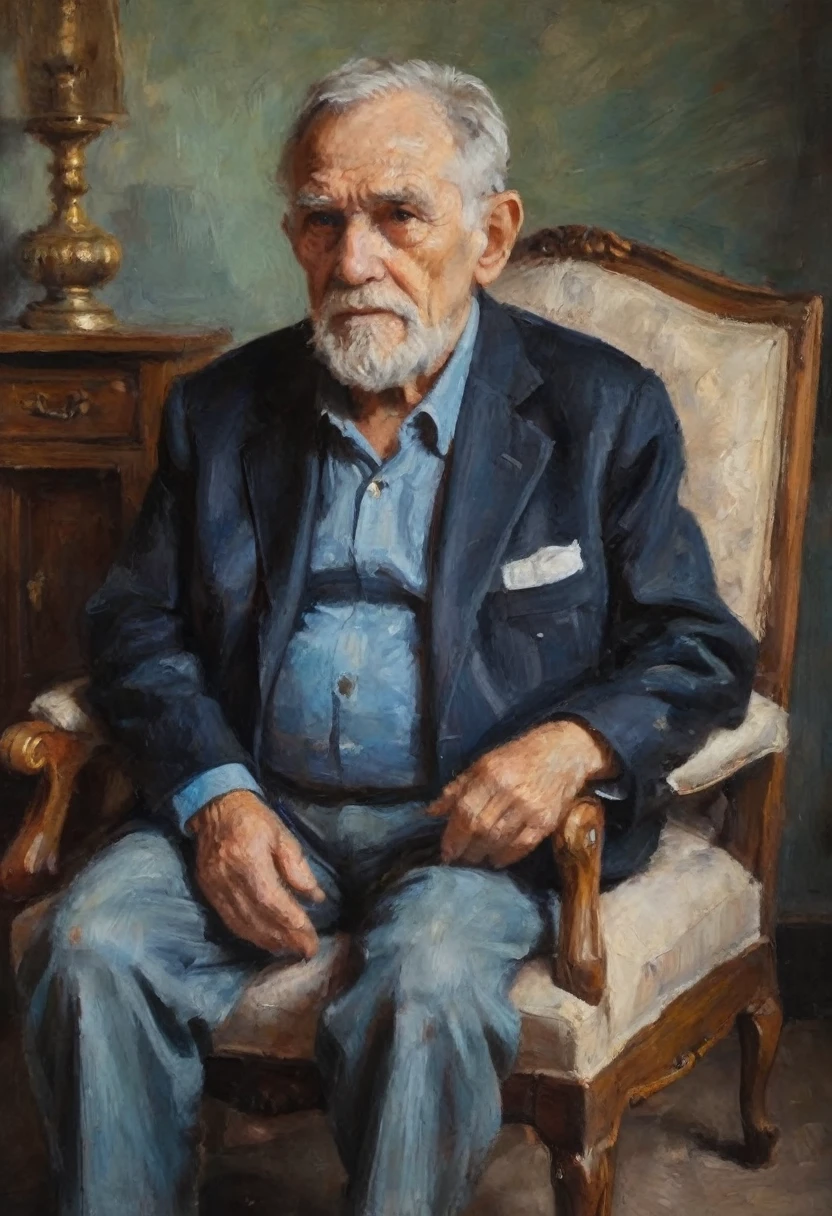 An oil painting of a old man sitting an arm chair