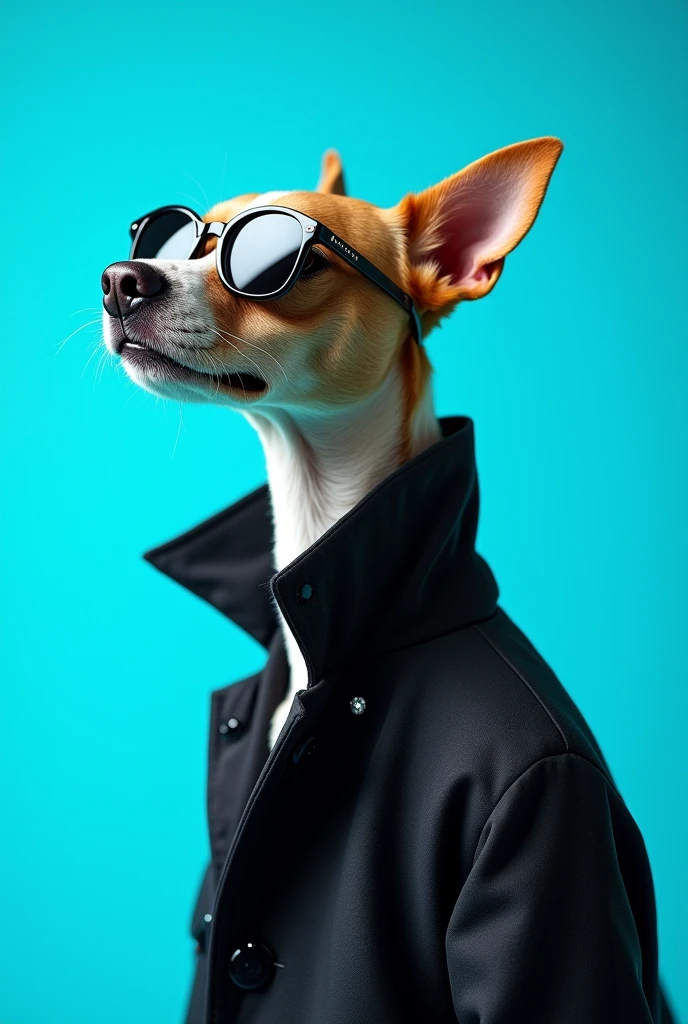 The best cell phone wallpaper, Award-Winning Wallpaper, portrait photography, In the front view is a portrait of a cute dog wearing mid-1960s space age fashion, Side view photo, Shot with Canon EOS R5, Set a strong contrast that accentuates the subject, Fluorescent blue tone, Wearing a very modern coat and sunglasses is a modern 1960s style, Clothes all in one color, beautiful background