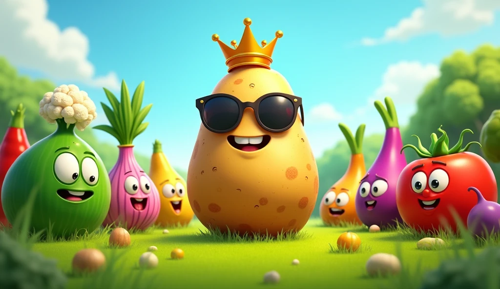 "A bright, lush green field stretches across the background, with a clear blue sky above. In the center of the field stands a large, animated potato, wearing round sunglasses and proudly donning a golden royal crown on its head. The potato has a friendly and confident expression. Surrounding the potato, at a short distance, are various other vegetables: peas, onions, tomatoes, chilies, cauliflower, and bitter gourds. Each vegetable has been given a face, with expressive eyes and mouths. Some of the vegetables look surprised, others excited, as they all seem to be focused on the crowned potato, as if it’s giving them a speech or leading them. The scene has a lighthearted, whimsical feel, with the vegetables gathered around the potato as if in a royal meeting or assembly."