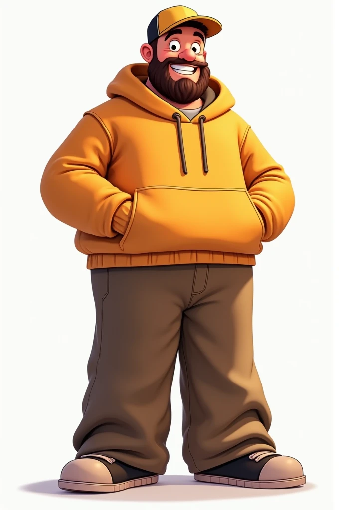 cartoon man with big, wide pants, , big head, in a hoodie and a cap  