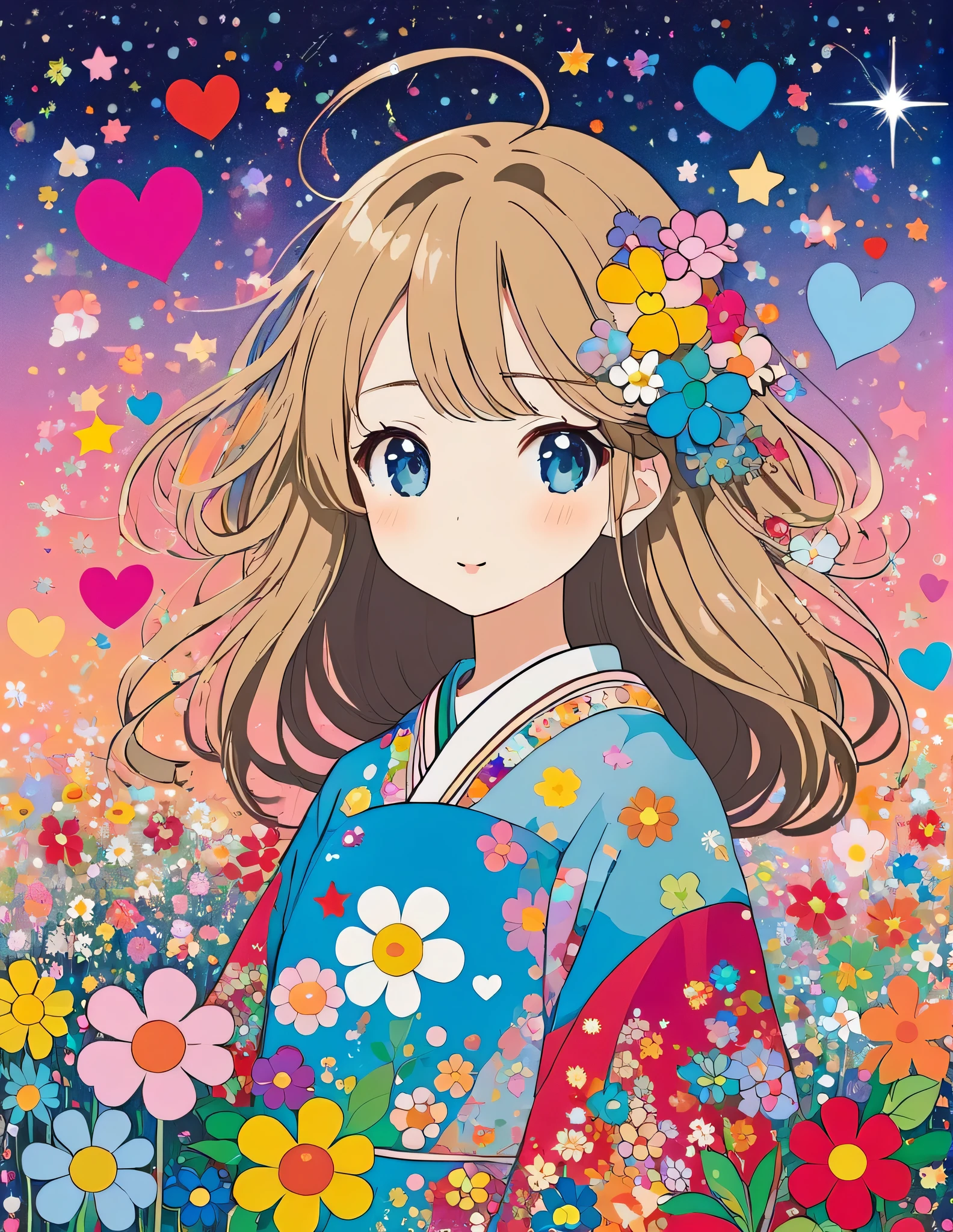 Takashi Murakami style, Simple Line Initialism,Abstract art,Kawaii Design, The most beautiful girl of all time, The background is star dust, colorful hearts, colorful flowers,