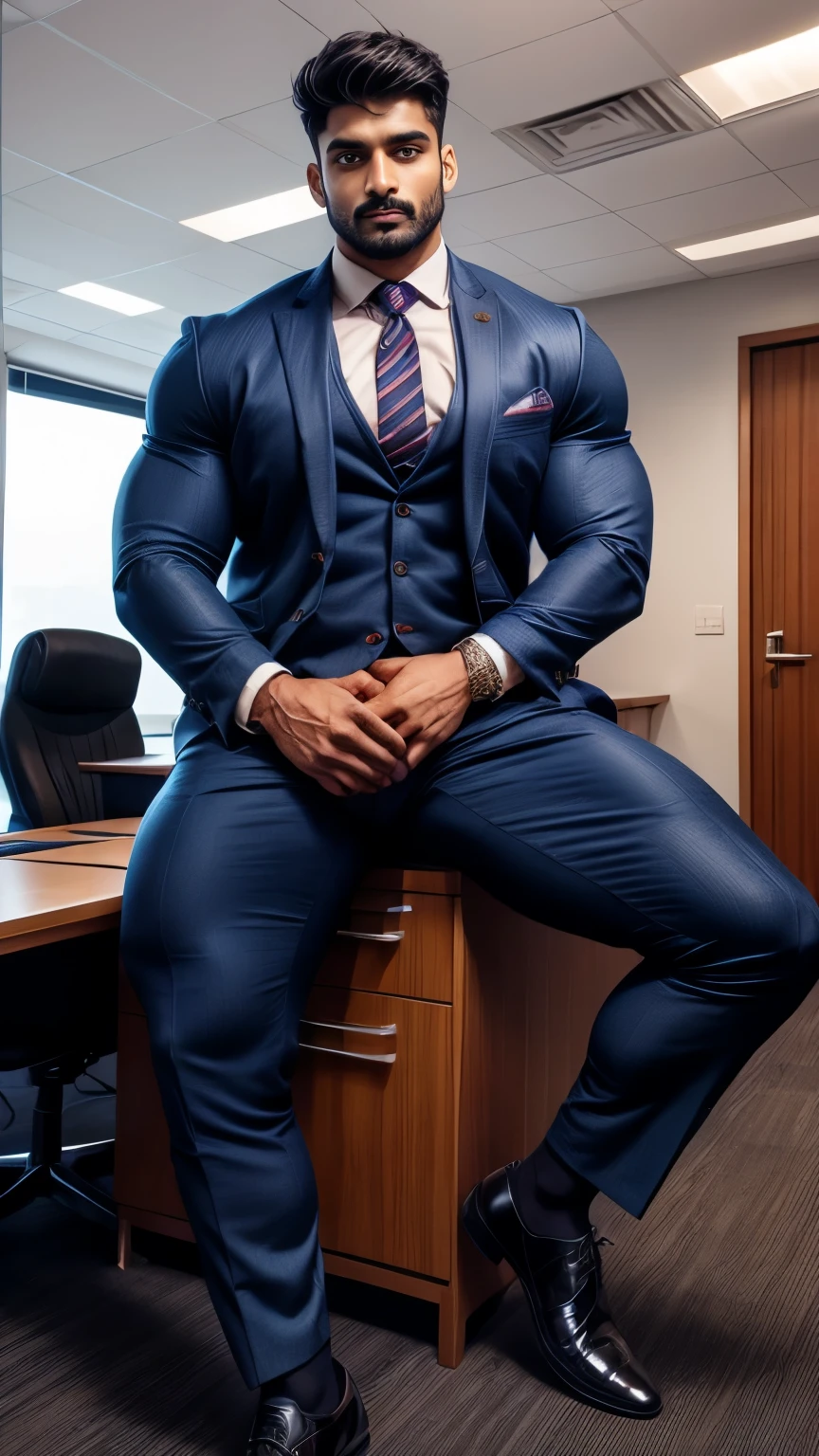 Indian gurjar ARJUN gay man in business suit with underwear formal shoes with formal socks, standing in office with spread legs, huge bulge, seductive, hot poses, pornography, erotic, exotic