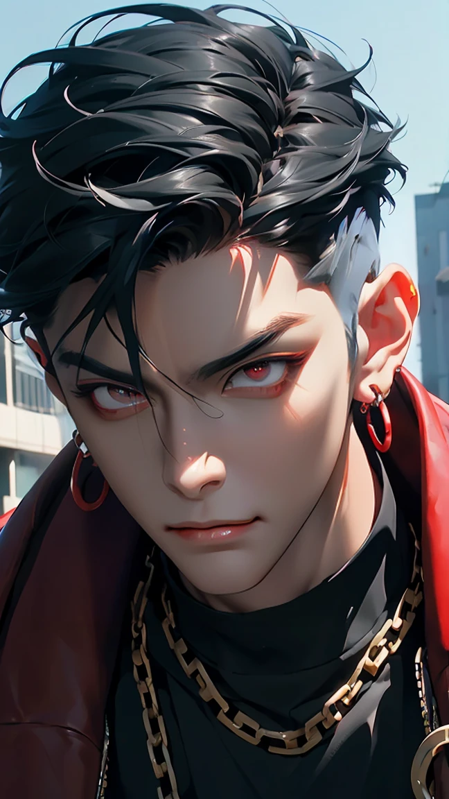 highest quality, 8K, high resolution image, anime style Jujutsu Kaisen, dark skin, (Cú Chulainn (Alter) | Fate | FGO ) detailed strokes, crazy look, piercing gaze, out of focus, purple light is reflected from it, (close angle), 1 man, young, male, model, hand in pocket, cool guy, multicolored background with various geometric shapes, all around stickers, muscular, BLUE HAIR, Blue hair, red eyes, multicolored hair, blue hair, hair between the eyes, highlighted hair, puffy chest, he is wearing a black Sweater, black gloves, sweatpants, gold link chain, Hand in the Pocket, background: he ist standing, big city, streets, park, people, blue sky, cars, bicycle
