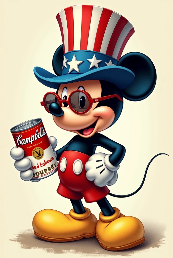 Mickey mouse wearing a blue and red American patriotic hat, holding a can of campbell soup, wearing louis vuitton brand glasses, all drawn in 2D