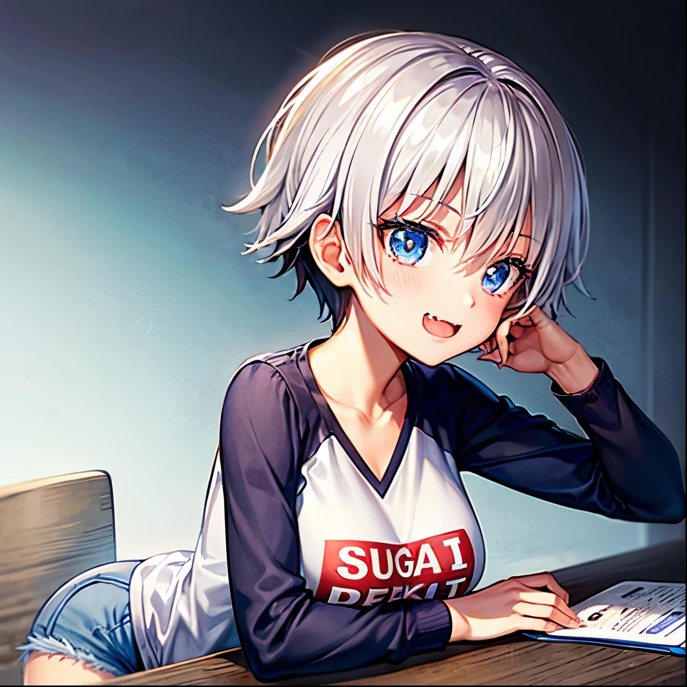 Long shot,ground shot, ground shot, front angle,l, beautiful girl, high quality, masterpiece,break, uh1, shirt, raglan sleeves, romaji text, clothes writing, long sleeves, denim shorts, pantyhose, fang, T-shirt,writting,T-shirt that says "Sugoi Dekai",beautiful girl's face, (very beautiful girl's face)