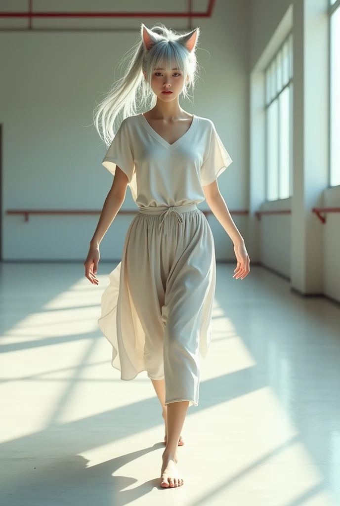 A beautiful silver-haired Japanese woman、Long hair tied back in a ponytail。She has cat ears、She is wearing a skirt and light, cool clothing.。Barefoot、He walks like a baby, imitating the way a cat walks.、In the background is a large dance studio.。Her nails are a little long、With pink manicure、The composition is from a diagonal front view, and the whole body is in focus.。It features realistic textures and high-resolution expression through 3D rendering.。The overall image has a cool feel and attention to detail.。