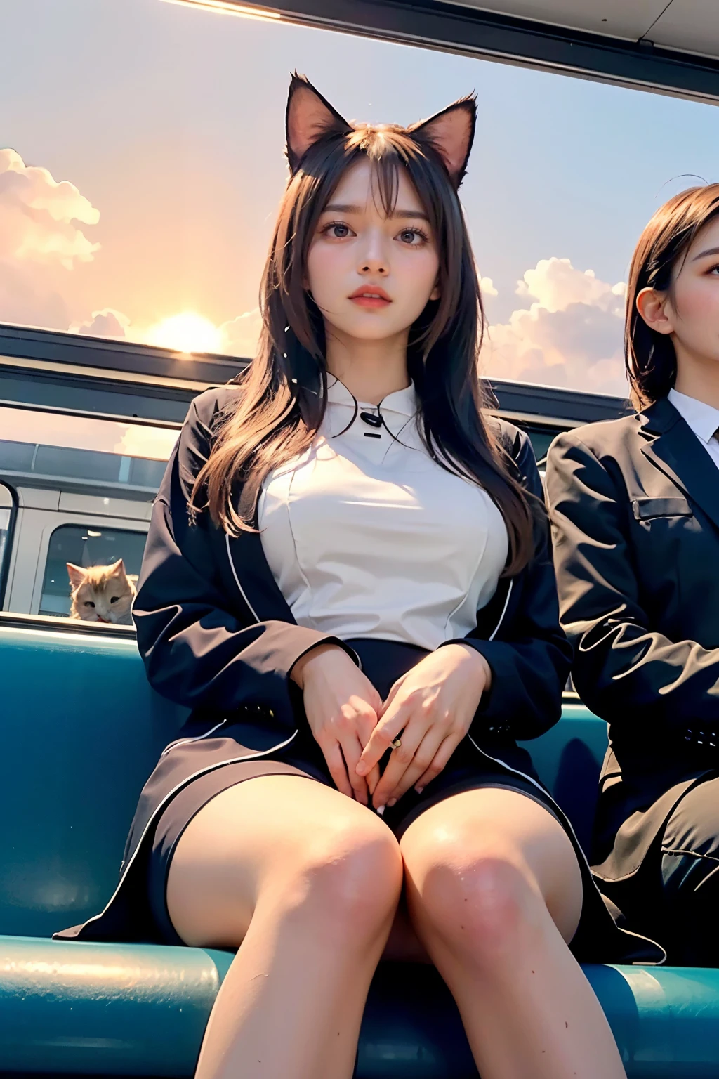 Masterpiece, 4K, bokeh, (Group photo:1.3), (Gim suit:1.3), (Brown long hair:1.2),(Blushed face:1.3), (Plump breast:1.2), (Sitting in train station:1.2), (Cat ears:1.3),(From below:1.6),(Sundown :1.2), (Orange beautiful sky and clouds:1.2)