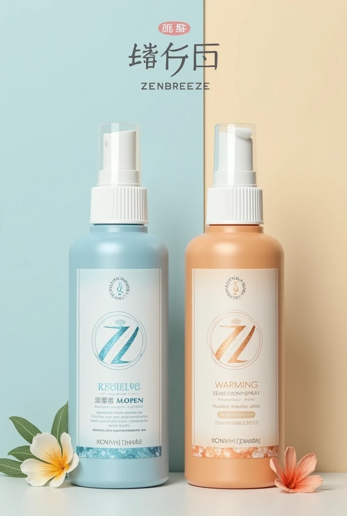 Create a logo also the label for a product named ZenBreeze this product is a spray in which has two categories one is for cooling sensation and other is for warming sensation also show the label on a spray bottle. Show two different bottles with same logo but different colours of label 