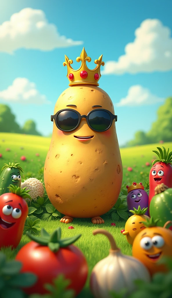 "A bright, lush green field stretches across the background, with a clear blue sky above. In the center of the field stands a large, animated potato, wearing round sunglasses and proudly donning a golden royal crown on its head. The potato has a friendly and confident expression. Surrounding the potato, at a short distance, are various other vegetables: peas, onions, tomatoes, chilies, cauliflower, and bitter gourds. Each vegetable has been given a face, with expressive eyes and mouths. Some of the vegetables look surprised, others excited, as they all seem to be focused on the crowned potato, as if it’s giving them a speech or leading them. The scene has a lighthearted, whimsical feel, with the vegetables gathered around the potato as if in a royal meeting or assembly."