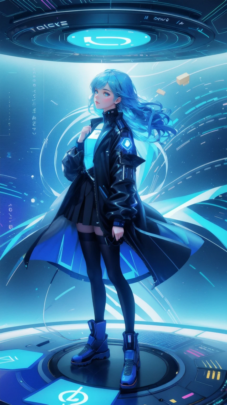 Create a vibrant scene on the 'Early Adopter's Cruiser' with a beautiful, stylish girl interacting with futuristic technology. The background must be a rich blue, featuring holographic displays, digital assets, and spreading Bitcoins floating around. Capture the energy and excitement of the cruise, emphasizing the advanced tech atmosphere and the thrill of being part of the early adoption wave.