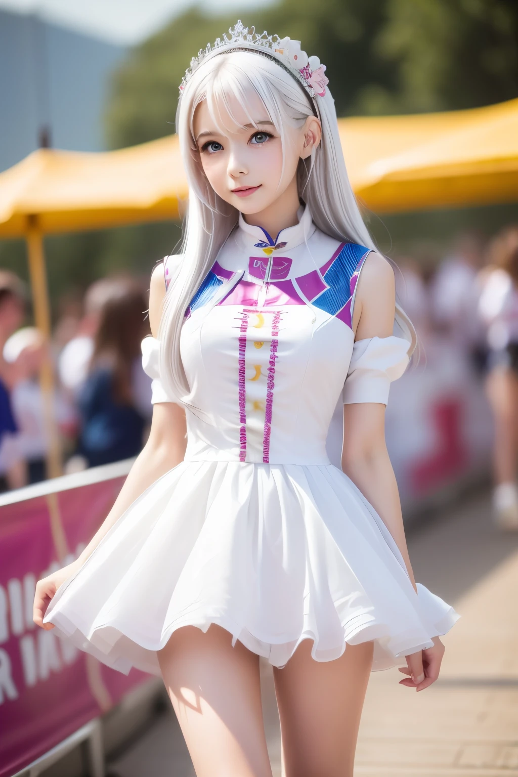 masterpiece,Highest quality,Very detailed,Beautiful girl in colorful race queen costume,,White Hair,very cute,Race Circuit
